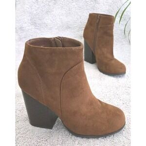 Womens Ankle Boots Sz 7.5 Brown Faux Suede Block Heel Side Zip Closure Booties